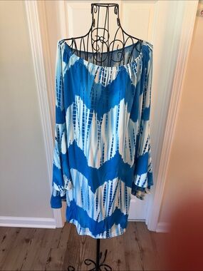 India Boutique Blue and White Off-Shoulder Mini Dress